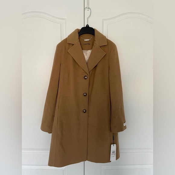 NWT Calvin Klein Classic Single Breasted Wool Cashmere Coat in Camel - Picture 7 of 15